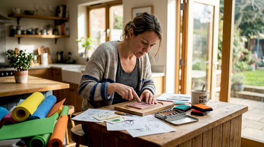 Woman carving custom rubber stamp at studio table
