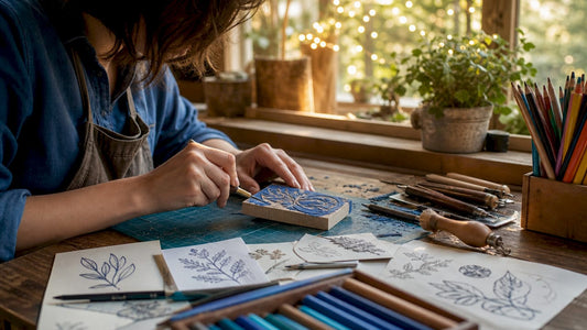 Hands carving a custom rubber stamp