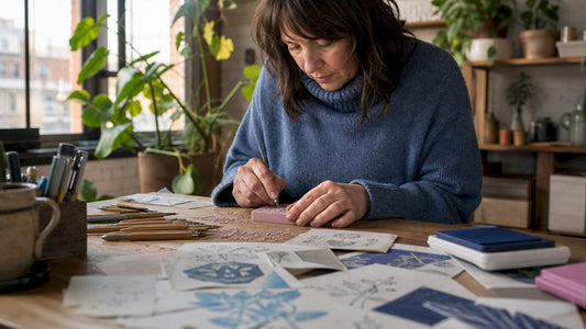 Woman carving a custom rubber stamp at home studio