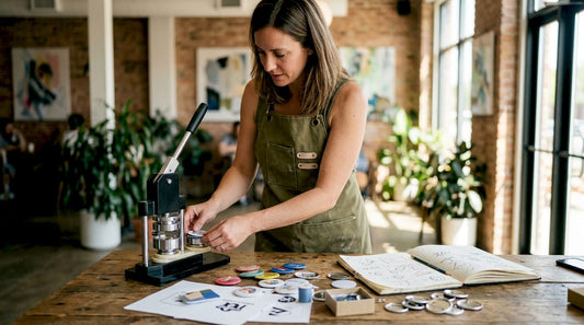Designer assembling badges at desk in studio