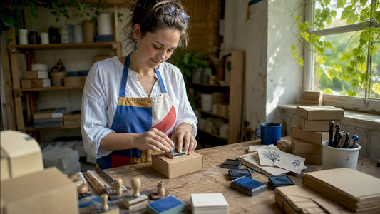 Artisan stamping packaging box in workshop