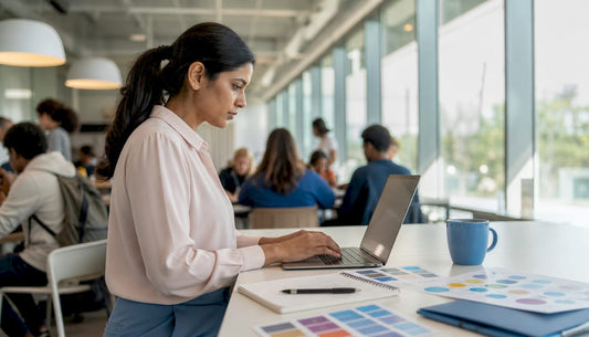Educator designing digital badges on laptop