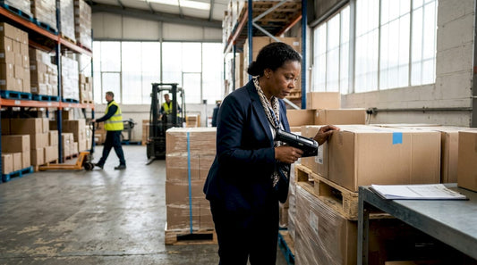 Woman inspecting stock pallets in UK wholesaler warehouse