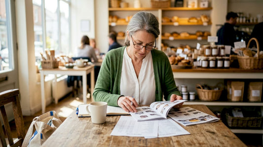UK retailer reviewing wholesale catalogs at desk