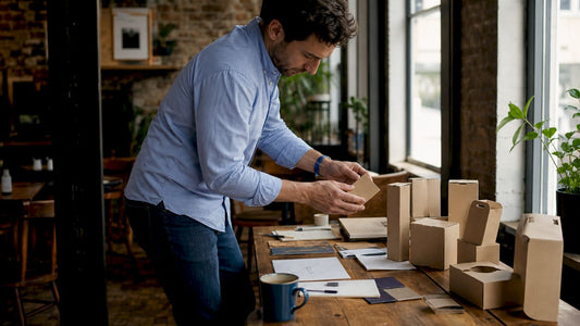 Designer examining custom packaging prototypes at desk