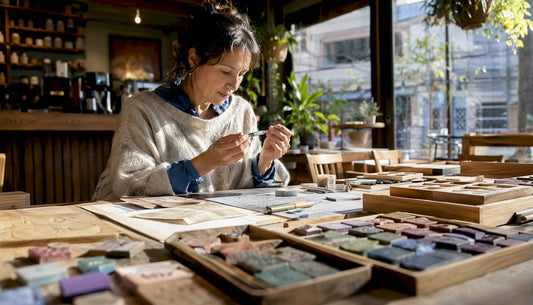 Woman examining stamp making supplies at desk