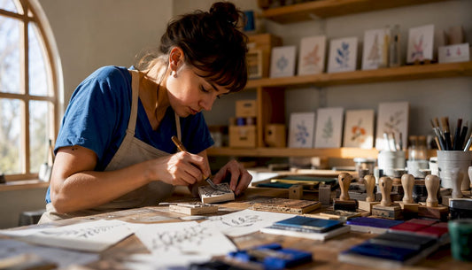Woman carving custom rubber stamp at home studio