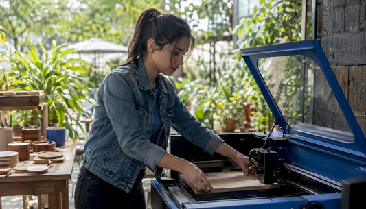 Entrepreneur operating laser engraving machine in workshop