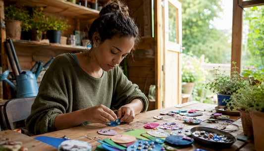 Woman crafting handmade badges at table