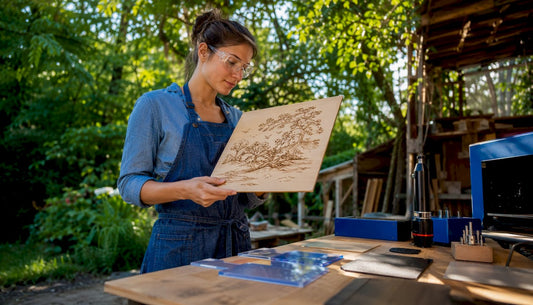 Female artisan examining laser engraved wood panel
