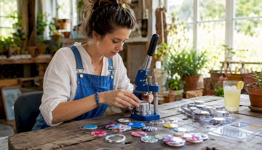Person making badges at home crafting table