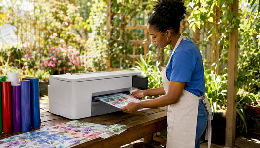 Woman operating sublimation printer in studio