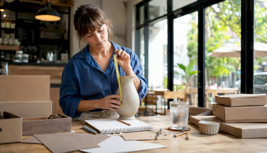 Woman measuring product for packaging planning