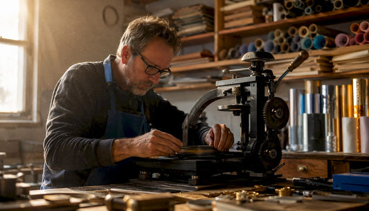 Print shop technician operating embossing press