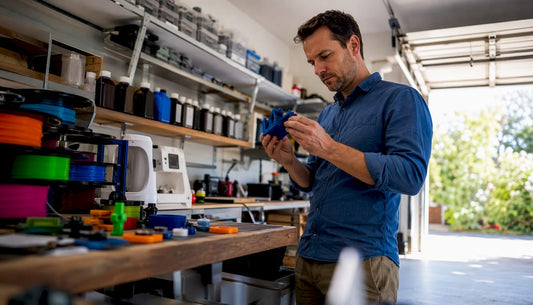 Engineer examining 3D printed prototype and materials