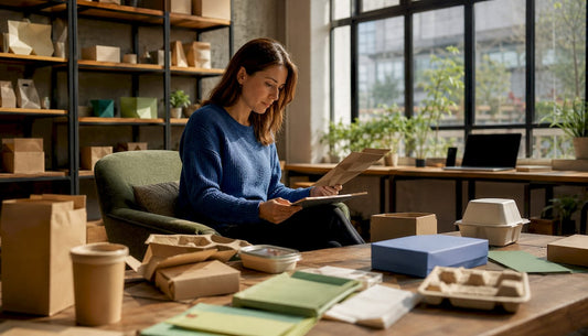 Buyer reviewing retail packaging samples