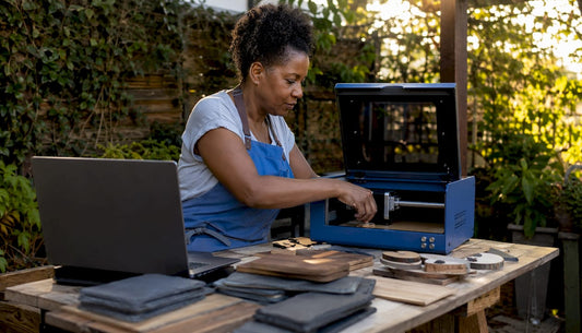 Small business owner operating laser engraver in workshop