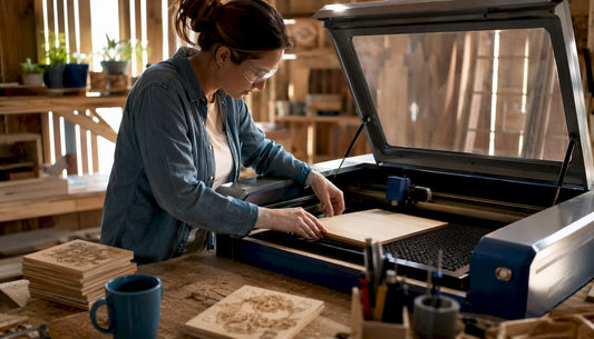 Woman placing wood into laser engraver in home workshop