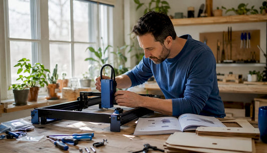 Person assembling xTool laser module at workshop bench