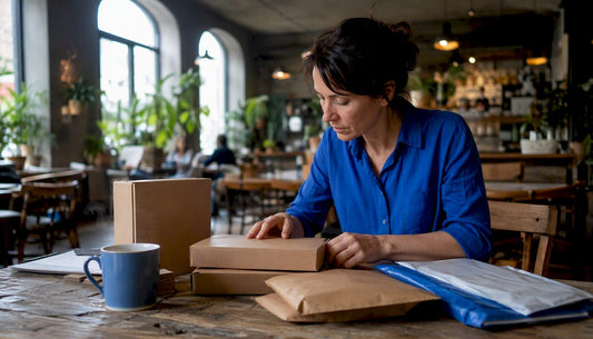 Woman inspecting packaging materials in warehouse office