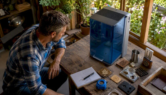 Focused man examining laser engraver in workshop