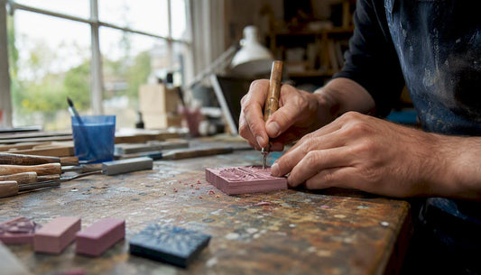 Hands carving a stamp block