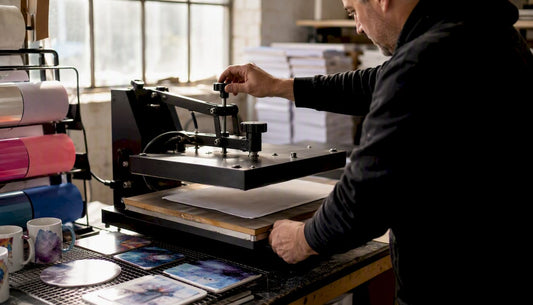 Hands adjusting heat press in print shop