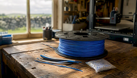 3D printer filament spool on workshop bench
