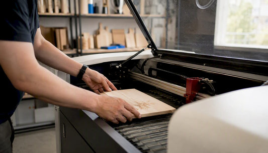Hands positioning wood inside laser engraving chamber