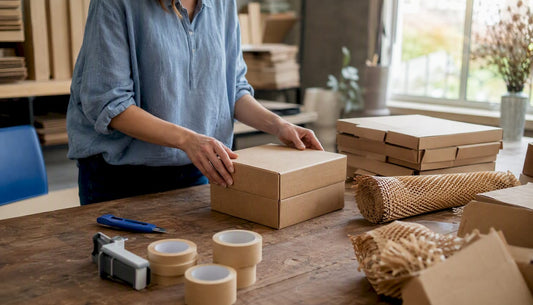 Hands preparing eco-friendly packaging on table