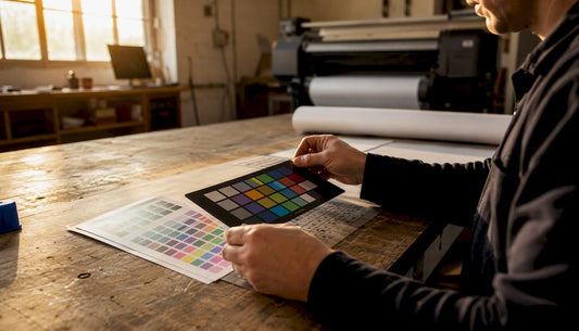 Hands aligning ICC profile colour test prints