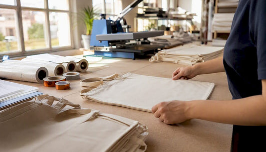 Hands aligning tote bag on heat press
