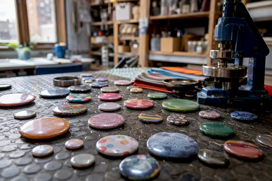 Unbranded button badges of different sizes on wooden table