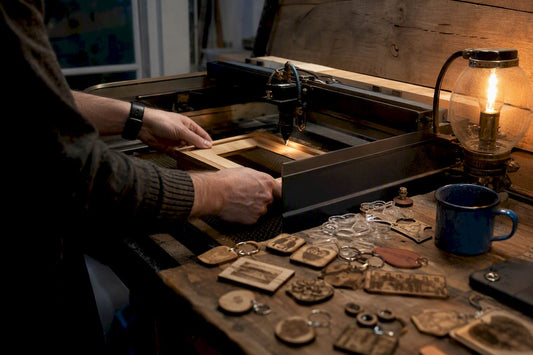 Hands setting up laser engraving on wood