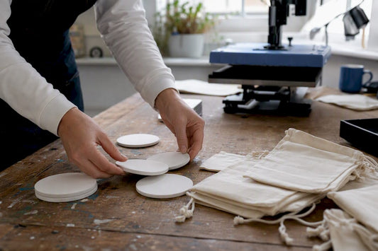 Hands placing blank mug on workbench