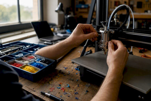 Hands holding stainless steel nozzle near 3D printer filament