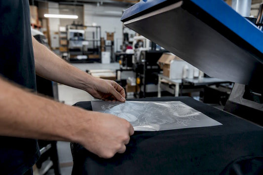 Hands applying DTF transfer to fabric
