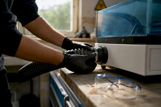 Hands connecting fume extractor to laser machine