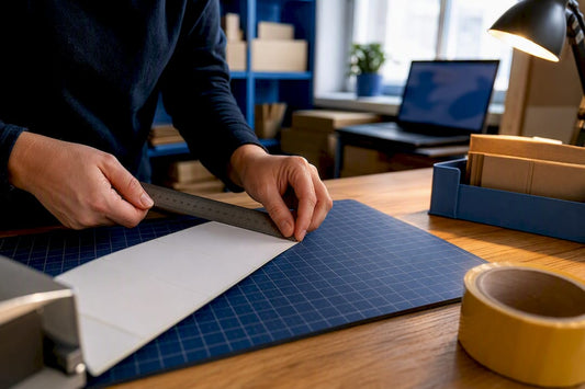 Hands measuring a shipping label strip