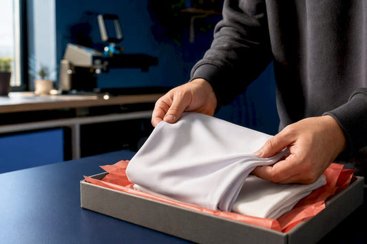 Hands lifting one blank fabric sample