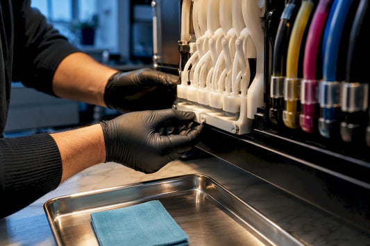 Technician inspecting DTF white ink system