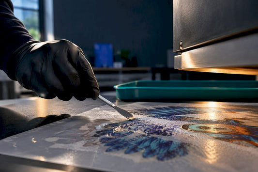 Operator inspecting DTF adhesive powder curing