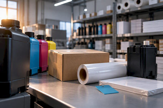 Sorted print shop consumables in staging area