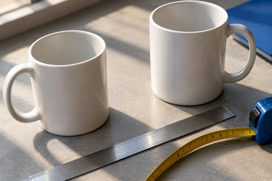Partial mugs beside dimensional measuring tools
