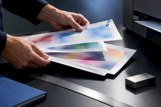 Badge paper sheets tested beside printer feed
