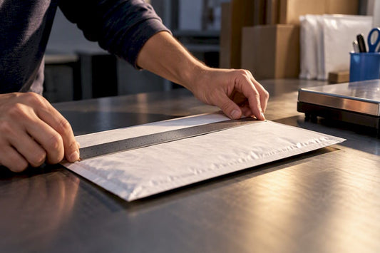 Hands measuring a sealed flat mailer