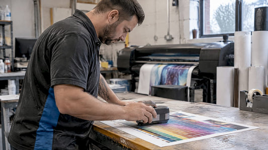 Technician measuring printed colour target