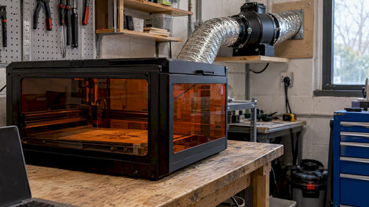Desktop laser enclosure connected to extraction ducting