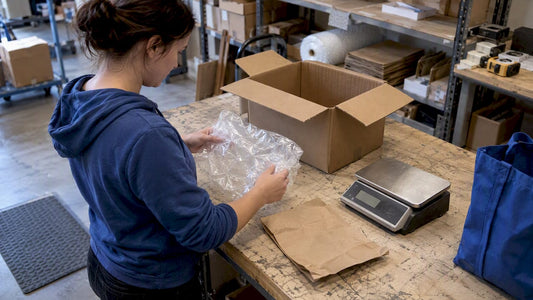 Packaging samples beside a parcel scale