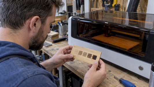 Maker checking engraved bamboo test swatch